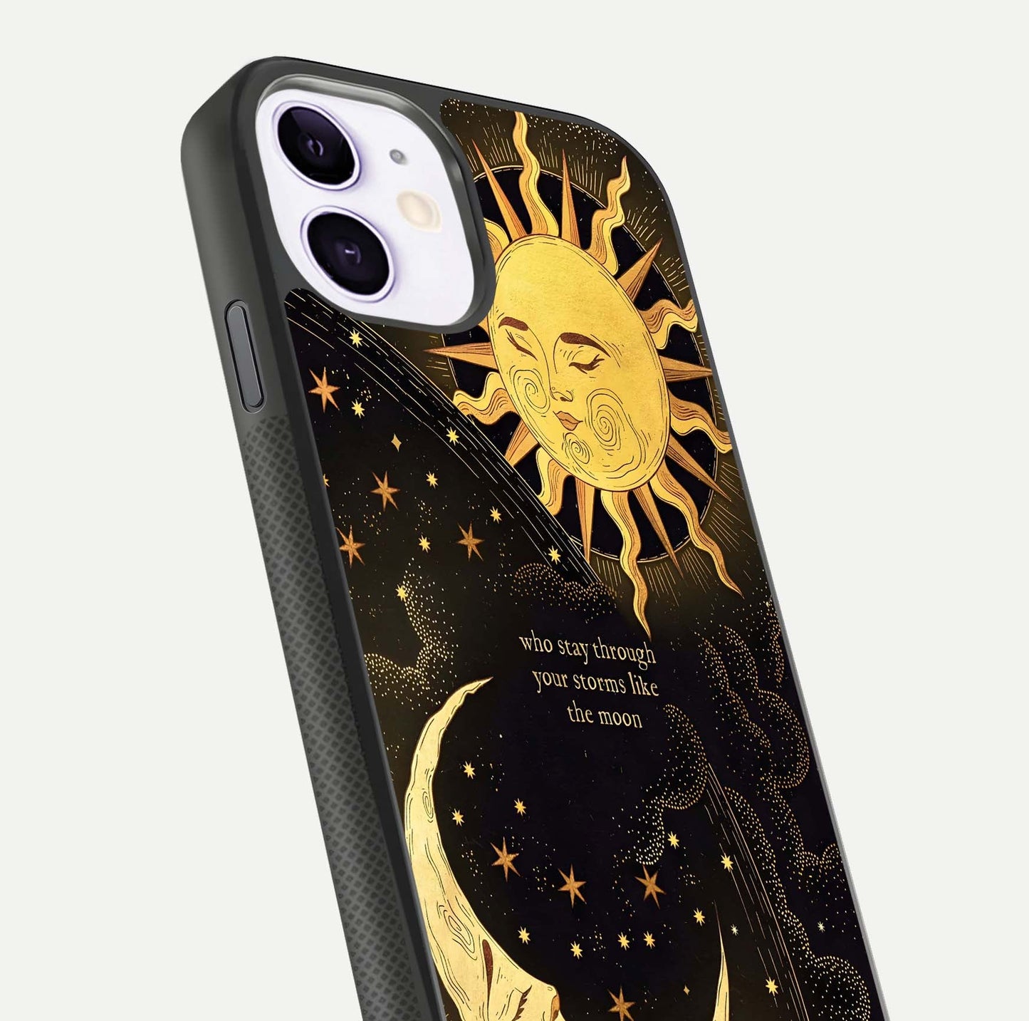 Golden Lunar Love Glass Case for iPhone 11 close-up angled shot showing moon glow, texture, and reflection polish