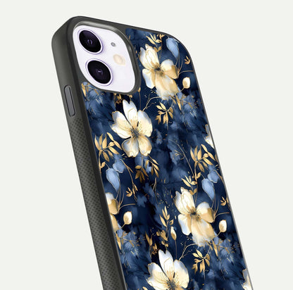 Golden Midnight Bloom Glass Case for iPhone 11 close-up angled shot showing floral detail and reflection shine