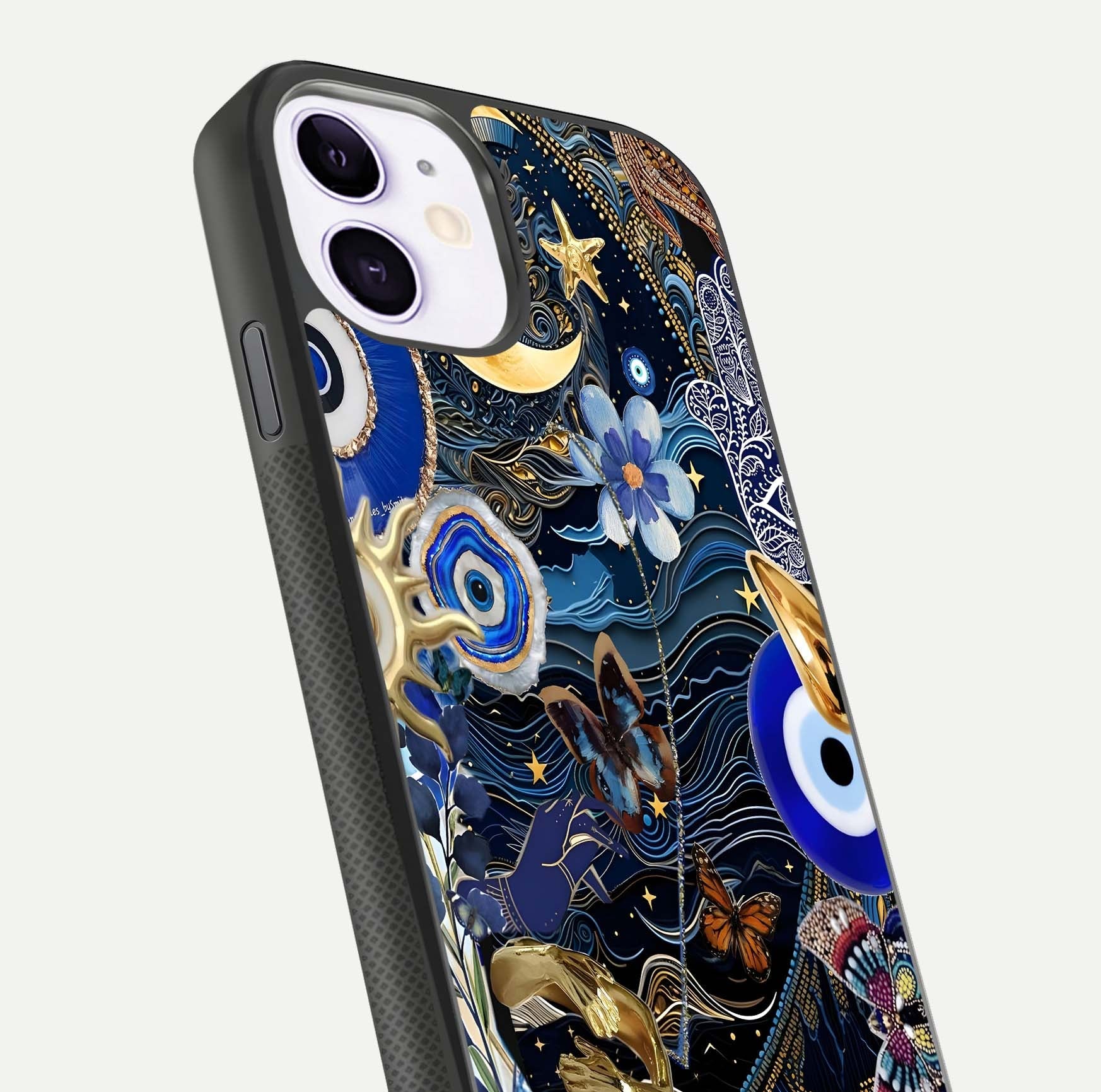 Golden Moon Magic Glass Case for iPhone 11 close-up angled shot showing lunar glow, star detail, and reflection brightness