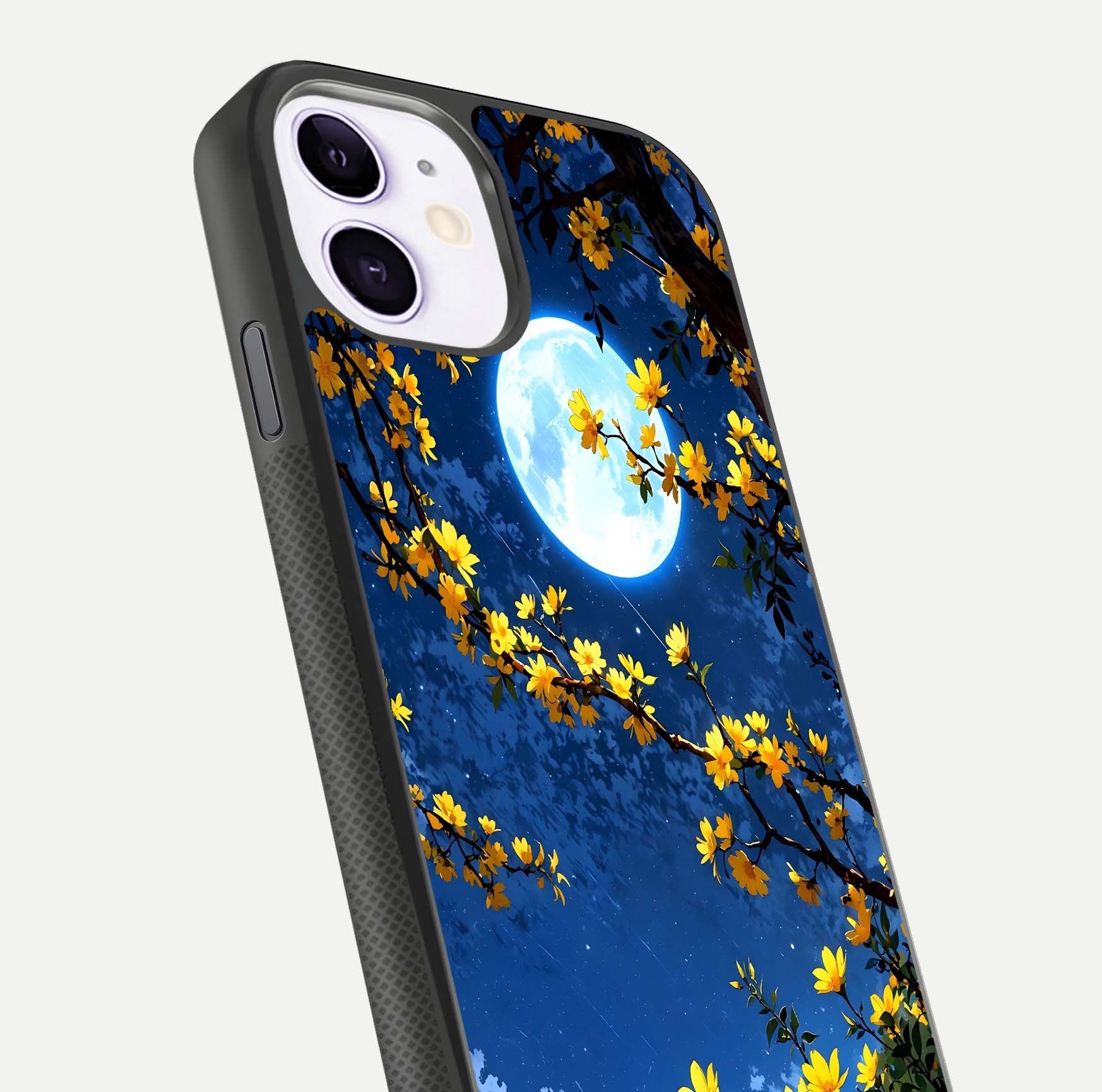 Golden Night Glow Glass Case for iPhone 11 close-up angled shot showing shimmer texture and light reflection