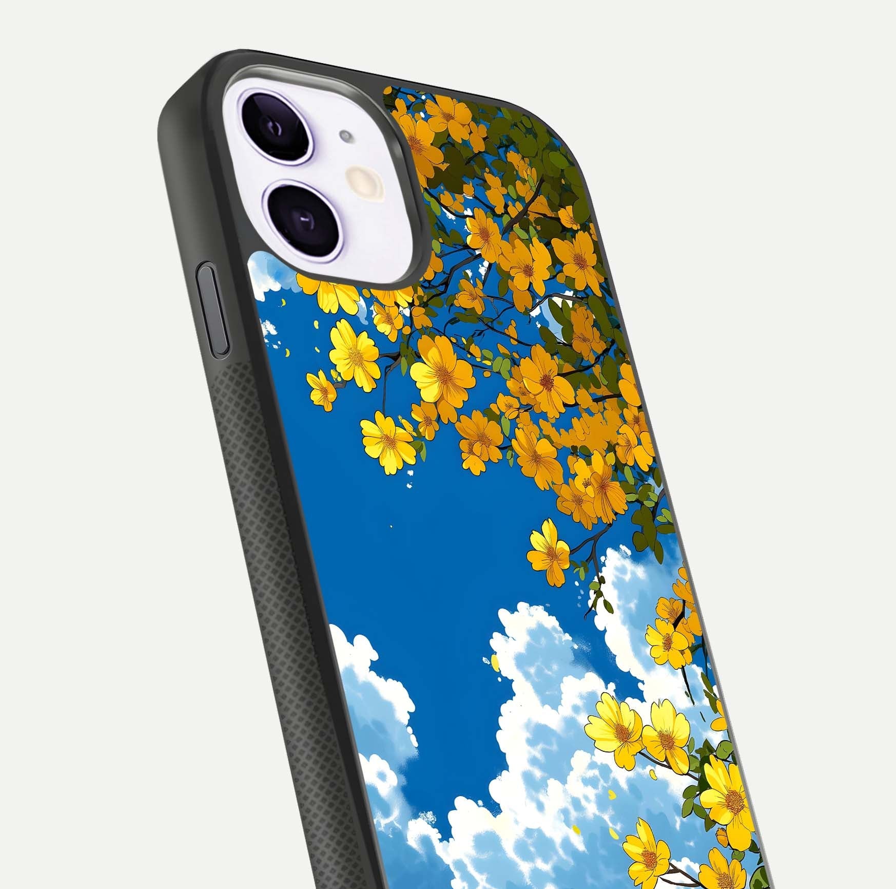 Golden Petal Sky Glass Case for iPhone 11 close-up angled shot showing petal texture and shine reflection