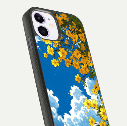 Golden Petal Sky Glass Case for iPhone 11 close-up angled shot showing petal texture and shine reflection