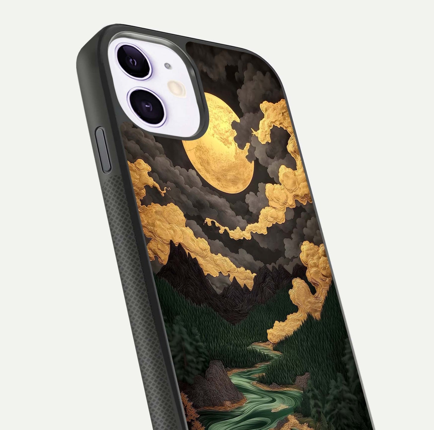 Golden River Moon Glass Case for iPhone 11 close-up angled shot showing moon reflection and water shine