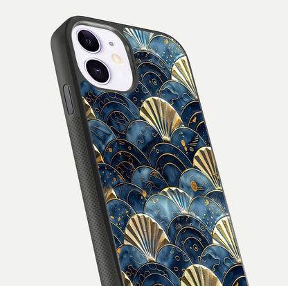 Golden Wave Luxe Glass Case for iPhone 11 close-up angled shot showing flowing wave texture and reflection brightness