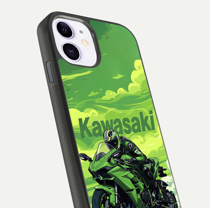 Green Kawasaki Glass Case for iPhone 11 close-up angled shot showing sporty line details and reflection shine