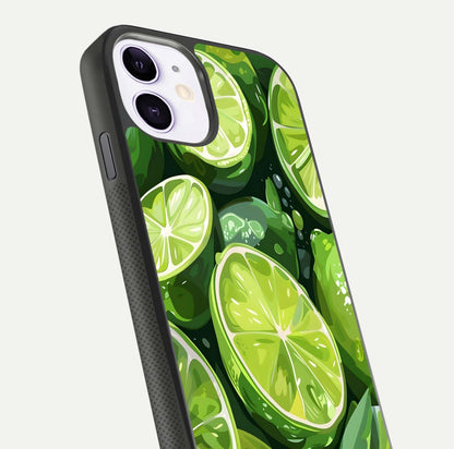 Green Lemon Glass Case for iPhone 11 close-up angled shot showing lemon slice texture and reflection brightness