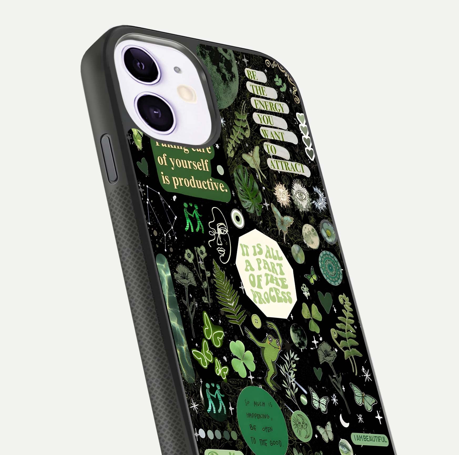 Green Moon Energy Glass Case for iPhone 11 close-up angled shot showing glowing lunar detail and reflection shine