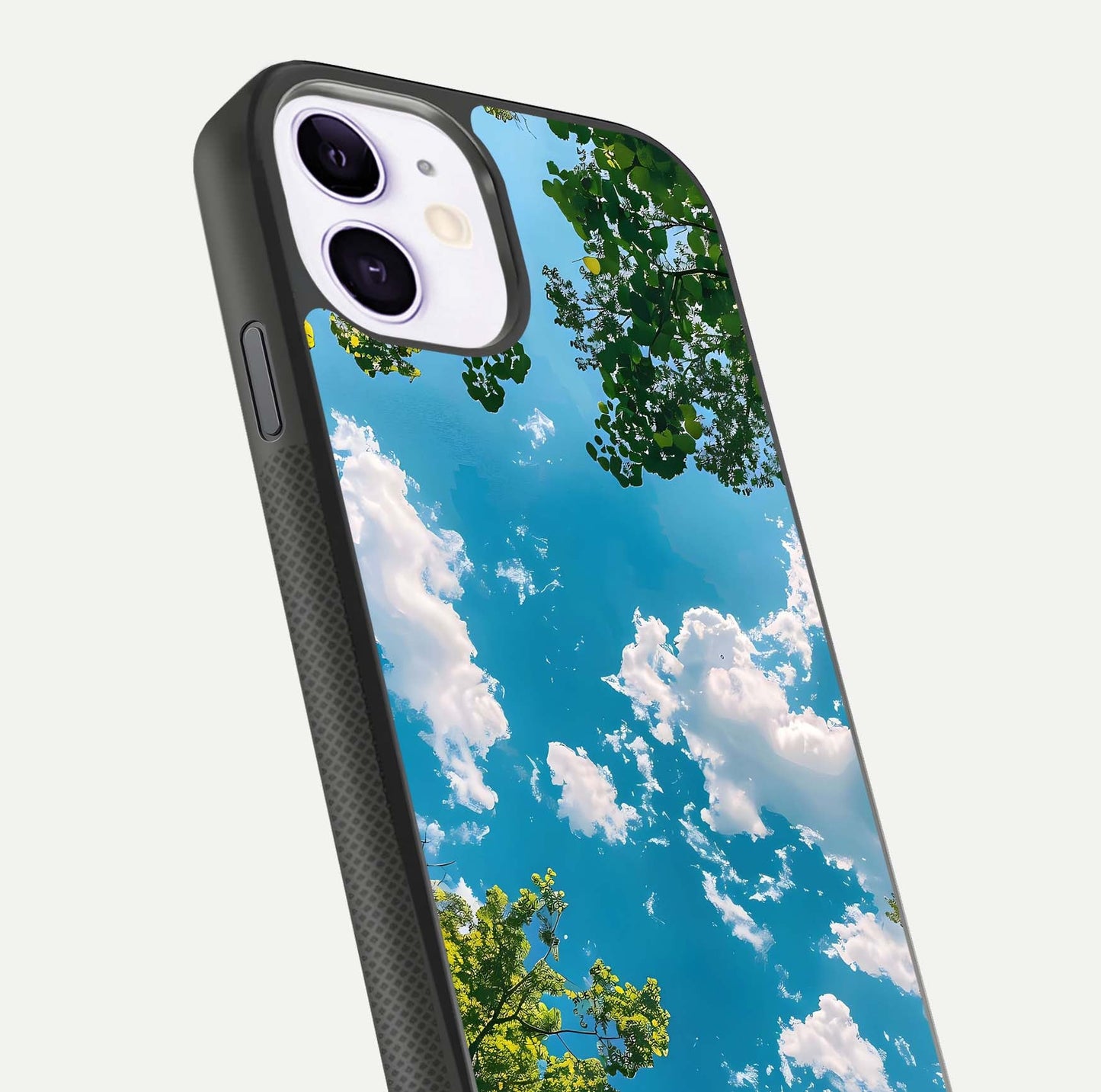 Greenery Sky Glass Case for iPhone 11 close-up angled shot showing leafy tones and reflection brightness