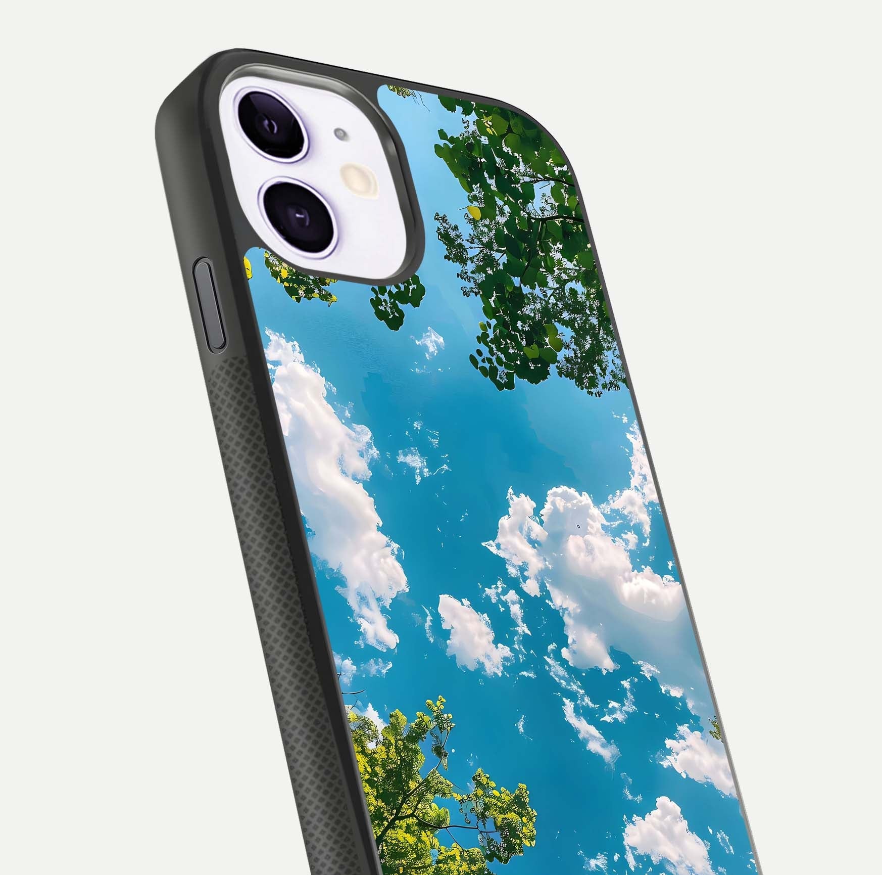 Greenery Sky Glass Case for iPhone 11 close-up angled shot showing leafy tones and reflection brightness