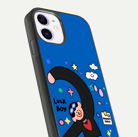 Happy Luck Vibe Glass Case for iPhone 11 close-up angled shot showing color details and reflection shine
