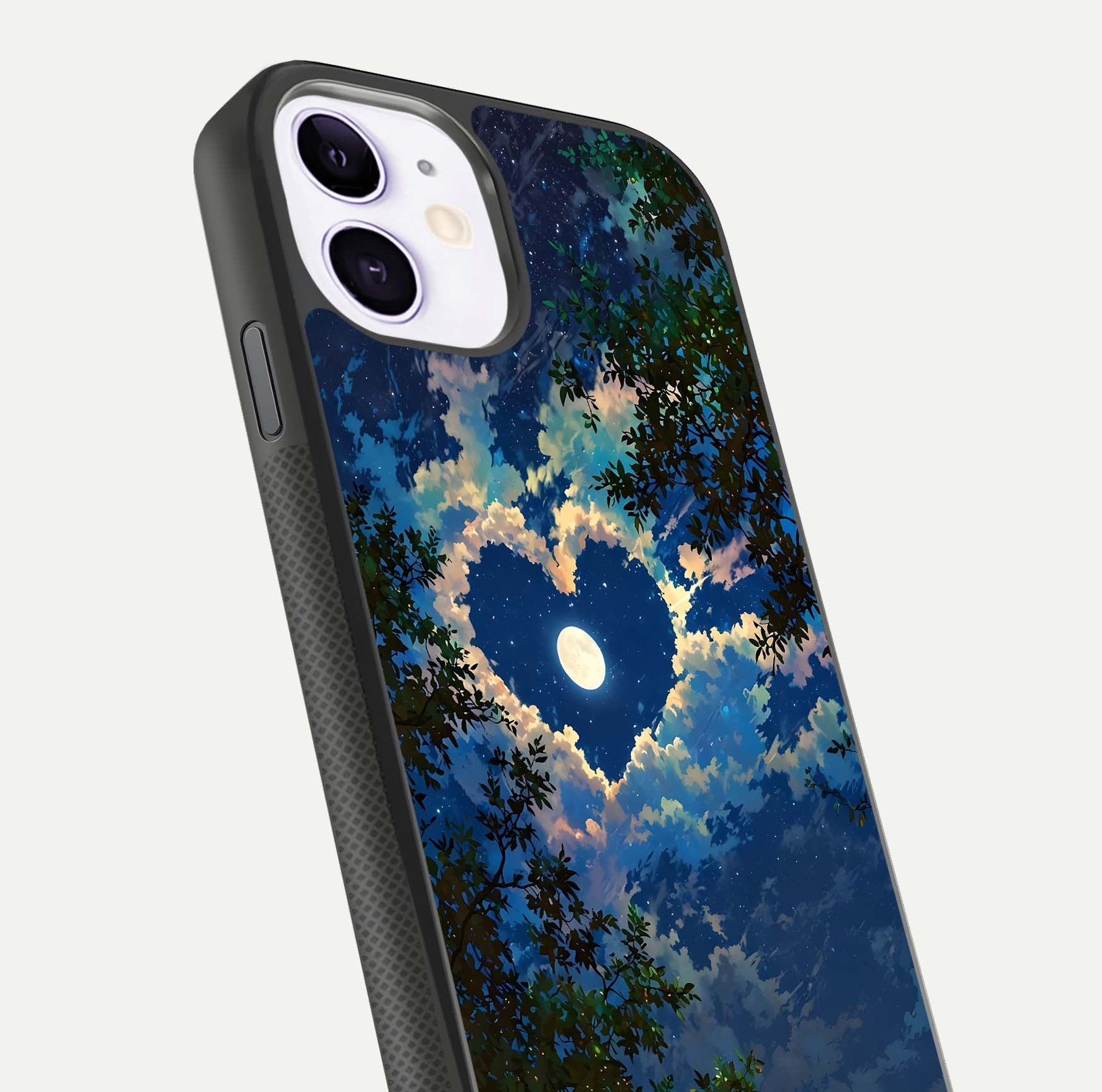 Heart with Moon Sky Glass Case for iPhone 11 close-up angled shot showing lunar reflection and shine detail