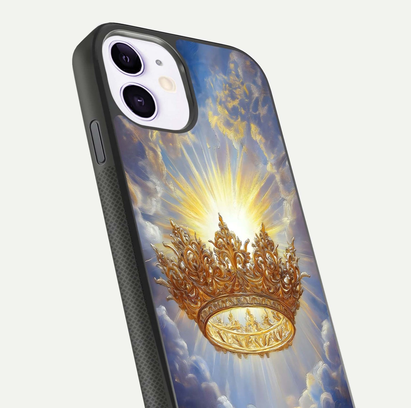 Heavenly Crown Light Glass Case for iPhone 11 close-up angled shot showing glowing halo details and smooth reflection