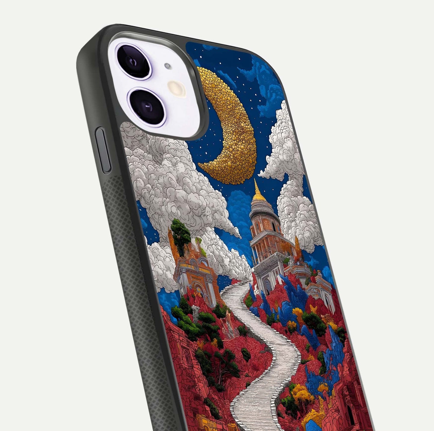 Heavenly Moon Path Glass Case for iPhone 11 close-up angled shot showing moon reflection and shimmer texture