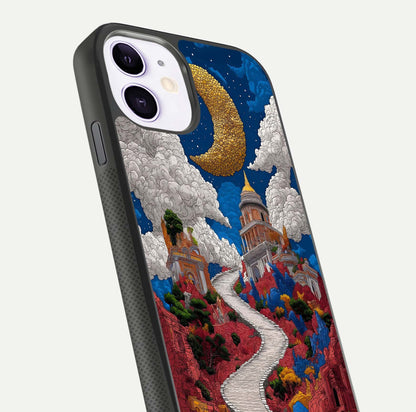Heavenly Moon Path Glass Case for iPhone 11 close-up angled shot showing moon reflection and shimmer texture