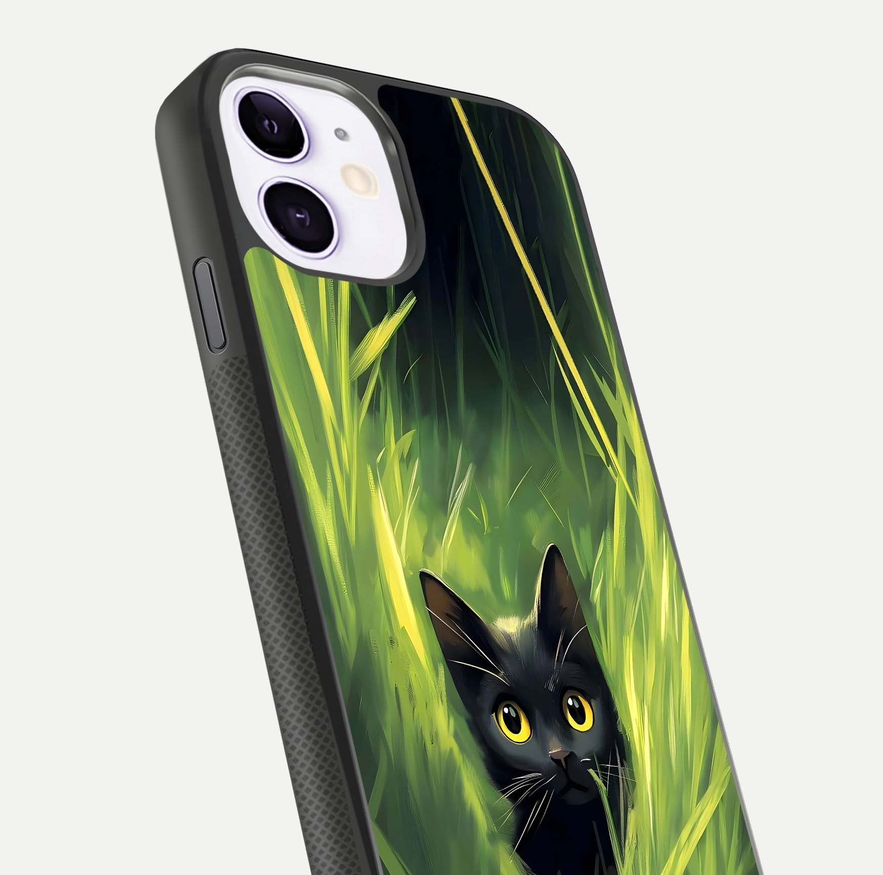 Hidden Cat Whisper Glass Case for iPhone 11 close-up angled shot showing feline details and reflection polish