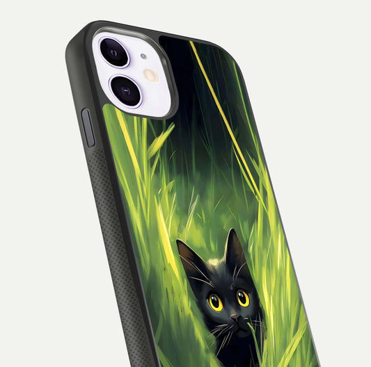 Hidden Cat Whisper Glass Case for iPhone 11 close-up angled shot showing feline details and reflection polish