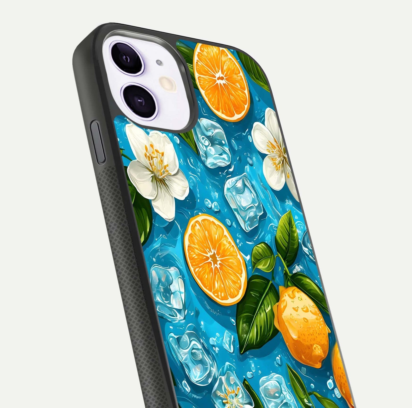 Ice Cube With Orange Glass Case for iPhone 11 close-up angled shot showing orange slices and ice reflections