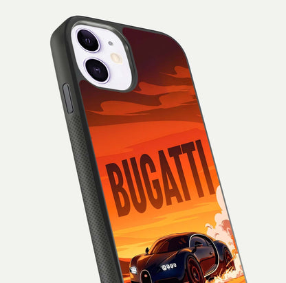 Inferno Bugatti Storm Glass Case for iPhone 11 close-up angled shot showing flame details and reflection shine