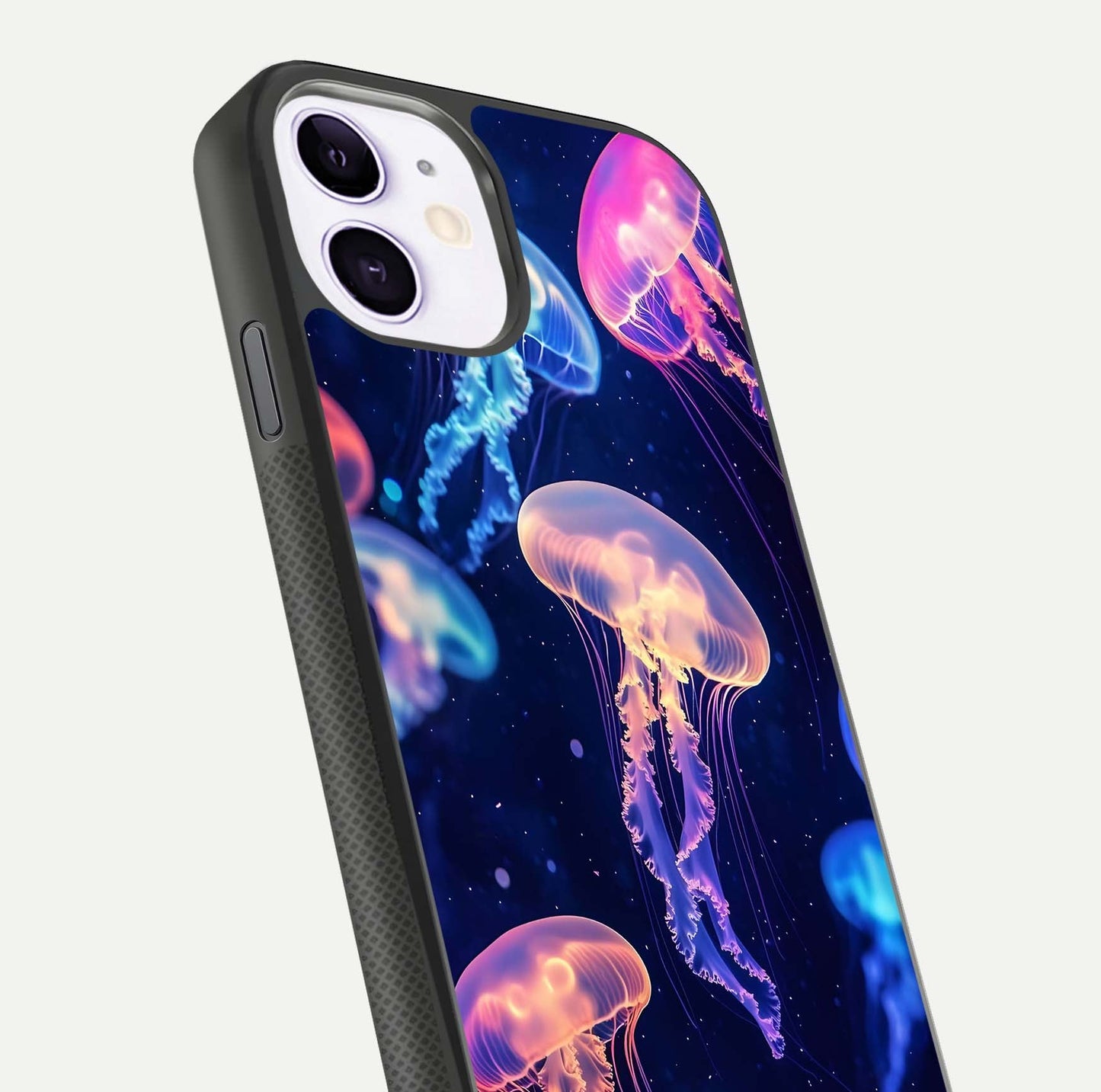 Jellyfish Pattern Glass Case for iPhone 11 close-up angled shot showing translucent tentacles and light reflection
