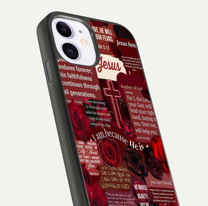 Jesus Love Heals Glass Case for iPhone 11 close-up angled shot showing healing text, cross detailing, and reflection