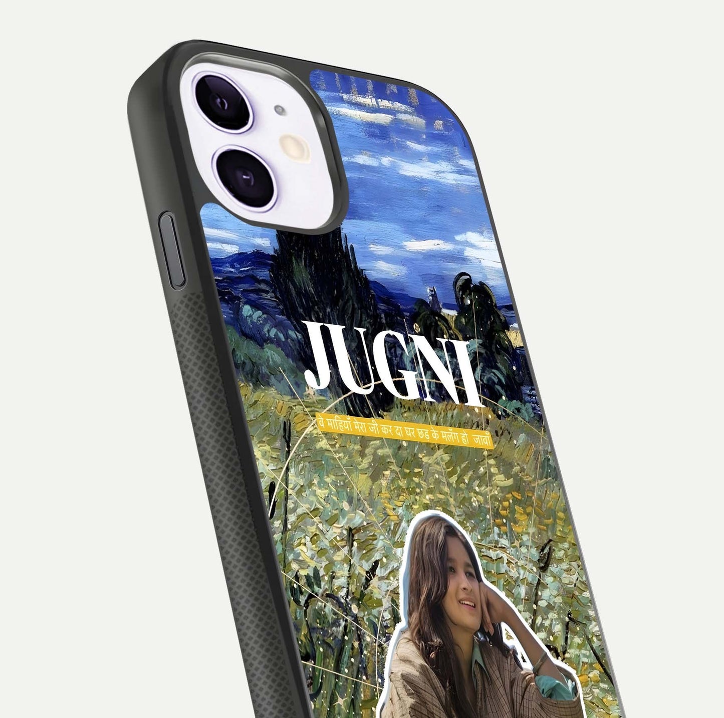 Jugni Soul Vibes Glass Case for iPhone 11 close-up angled shot showing typography detail and vibrant gloss reflection
