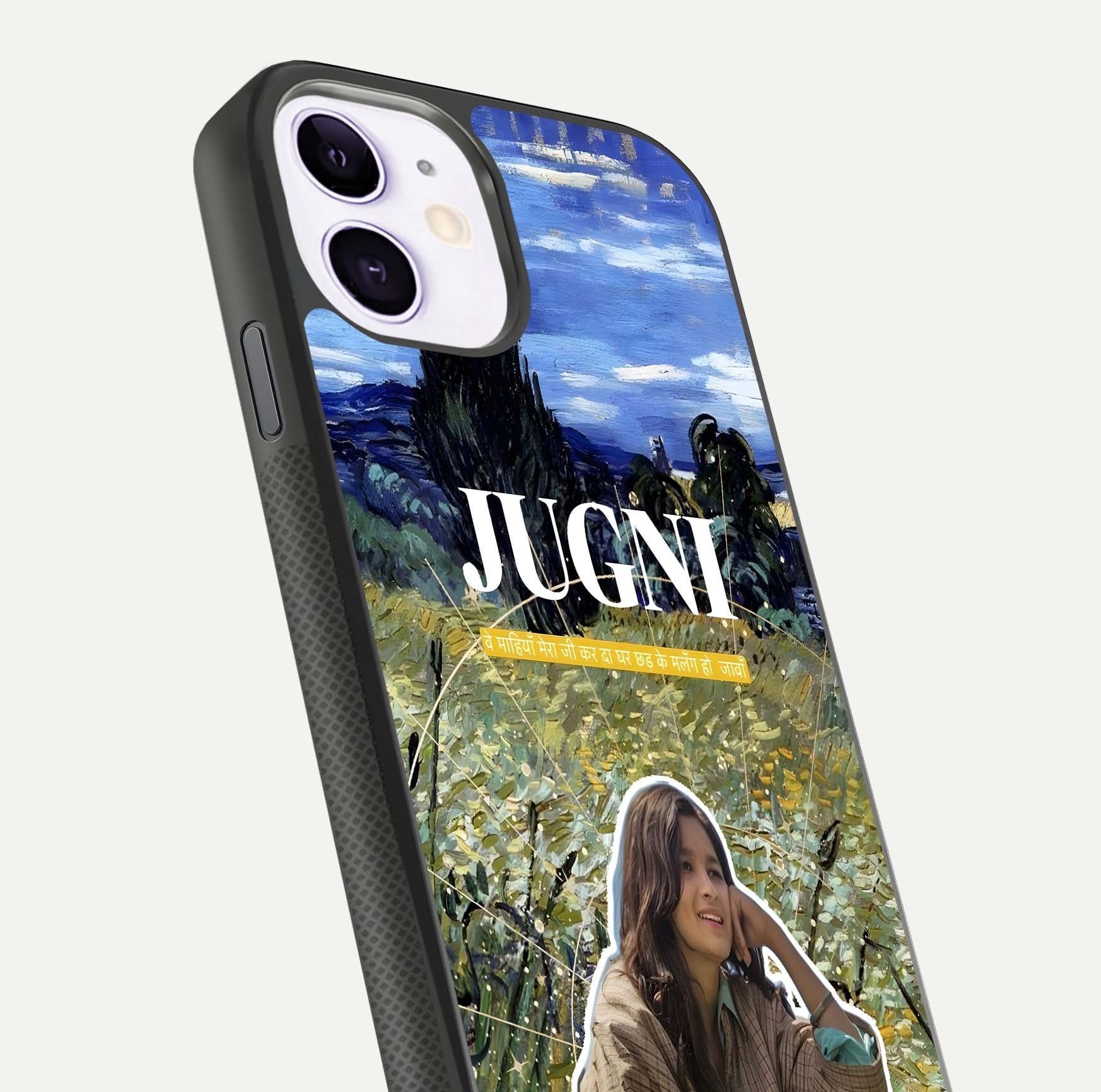 Jugni Soul Vibes Glass Case for iPhone 11 close-up angled shot showing typography detail and vibrant gloss reflection