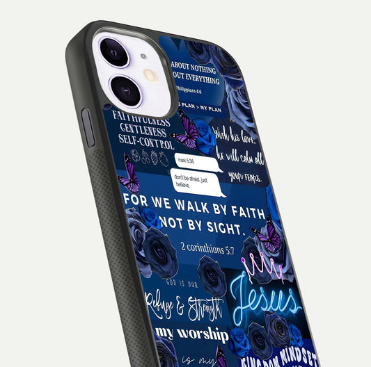 Kingdom Faith Glow Glass Case for iPhone 11 close-up angled shot showing luminous text and divine reflection