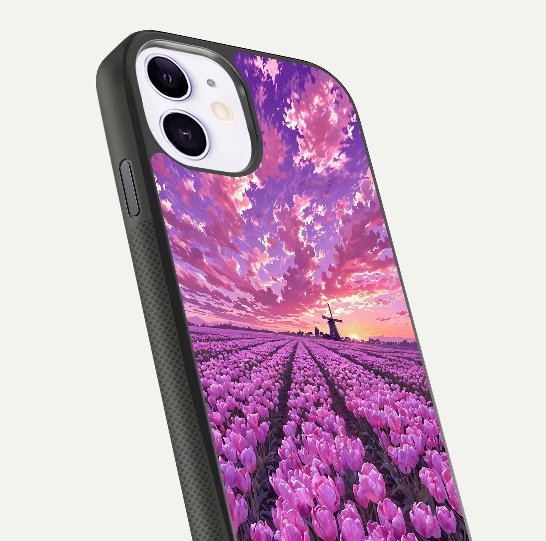 Lavender Dream Skies Glass Case for iPhone 11 close-up angled shot showing purple hues and soft reflection