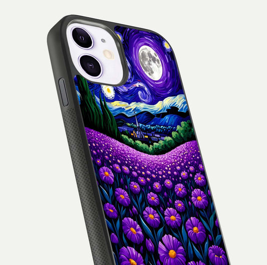 Lavender Moon Field Glass Case for iPhone 11 close-up angled shot showing moon glow and purple detailing