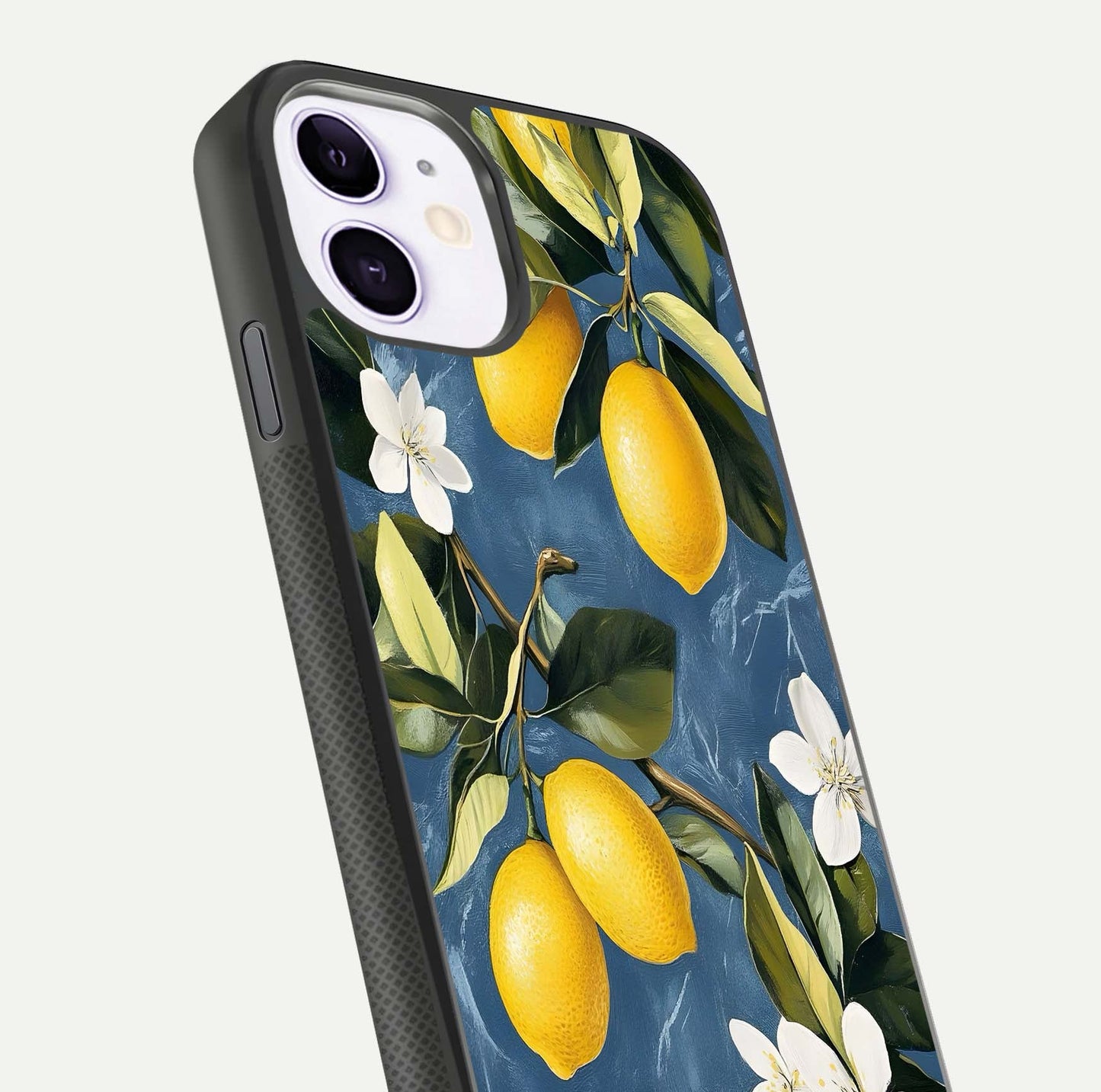 Lemon Dream Garden Glass Case for iPhone 11 close-up angled shot showing fruit details and shine reflection