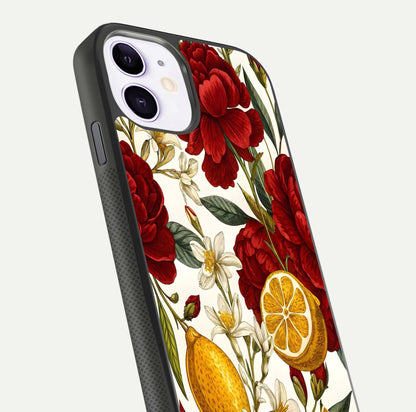 Lemon Rose Charm Glass Case for iPhone 11 angled close-up showing vivid rose details and HD glass reflection