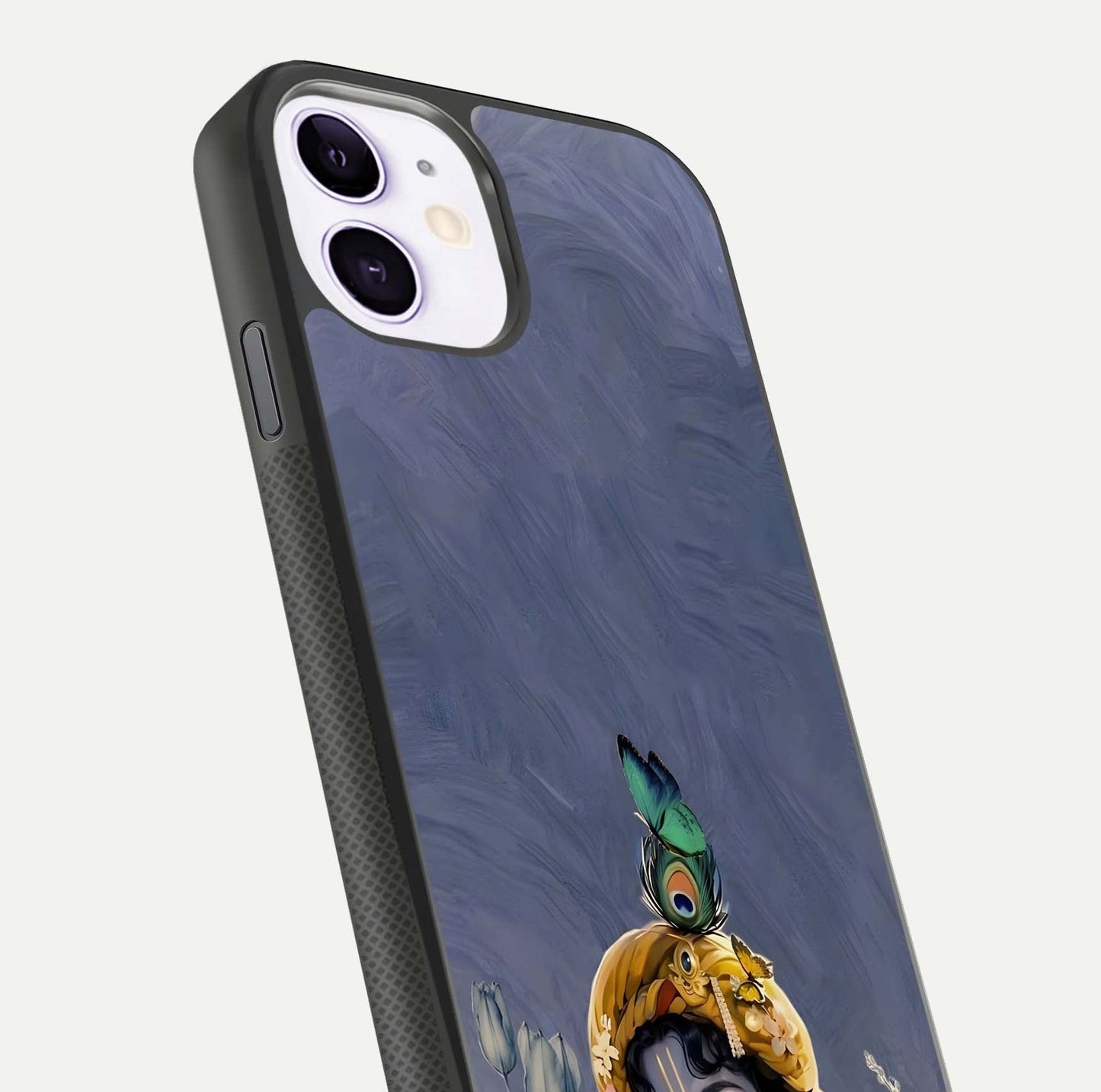 Lord Krishna Glass Case for iPhone 11 angled close-up showing intricate flute and reflection details