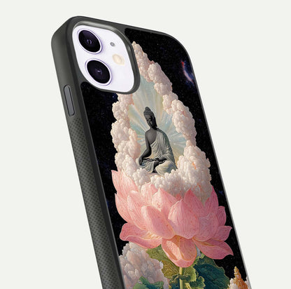 Lotus Divine Peace Glass Case for iPhone 11 angled close-up showing delicate petals and gloss reflection