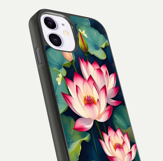 Lotus Dream Serenity Glass Case for iPhone 11 close-up angled shot showing floral details and soft shine