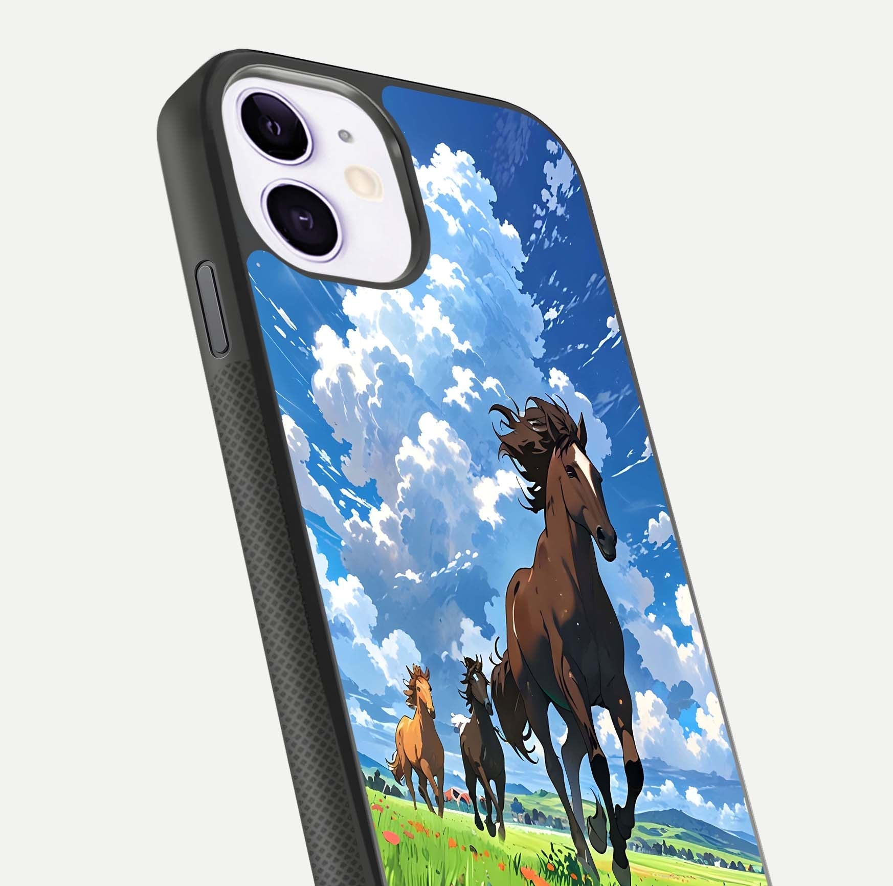 Majestic Horses Galloping Glass Case for iPhone 11 close-up angled shot showing horse motion and reflection