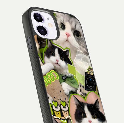Matcha Cats Mood Glass Case for iPhone 11 close-up angled shot showing adorable cat art and reflection detail