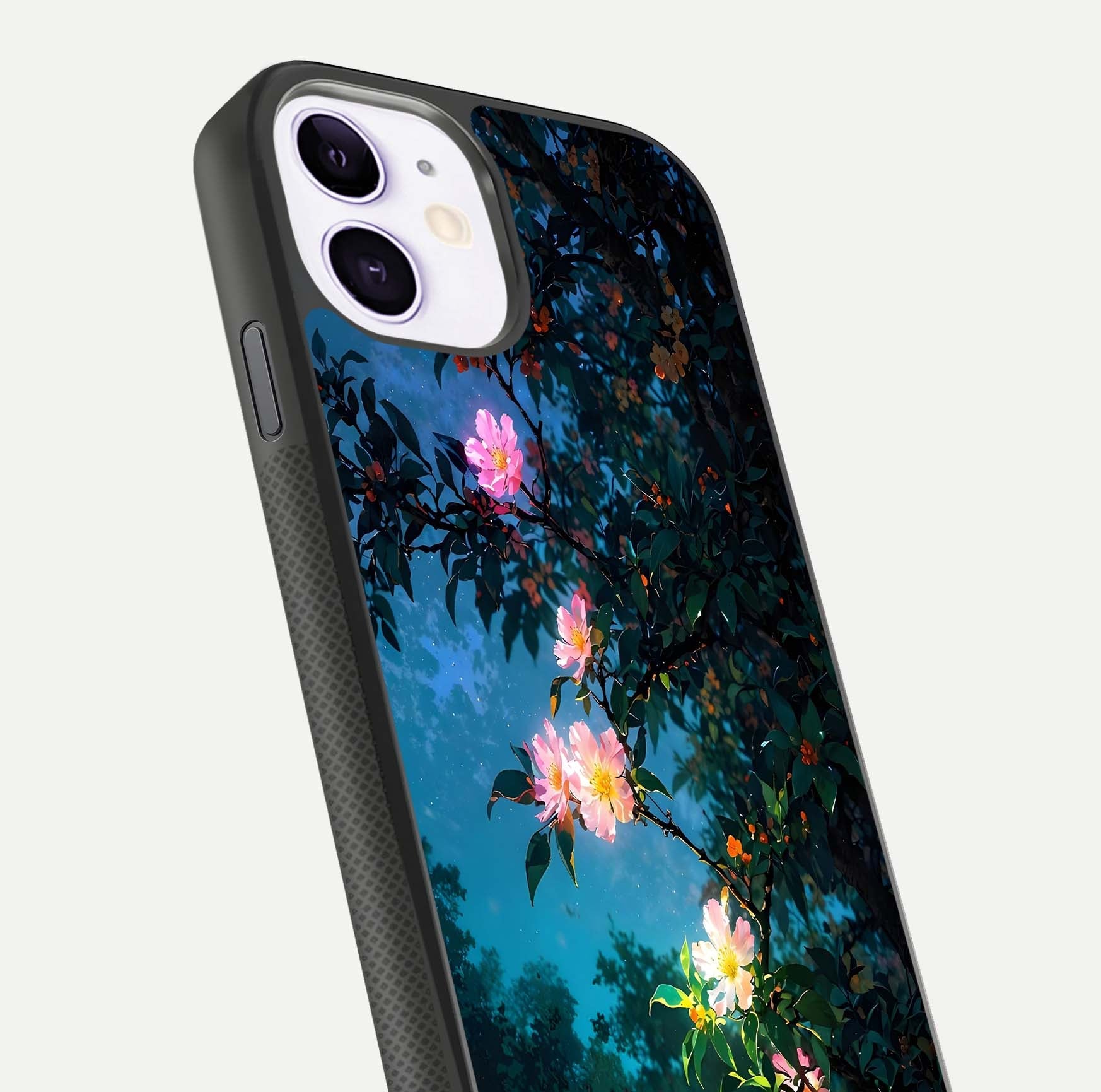Midnight Bloom Glow Glass Case for iPhone 11 close-up angled shot showing petal highlights and glow reflection