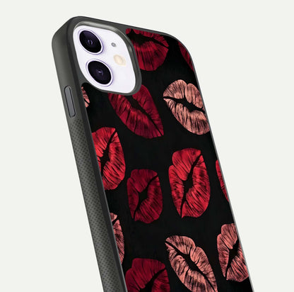 Midnight Kiss Love Glass Case for iPhone 11 close-up angle highlighting red accents and reflection shine