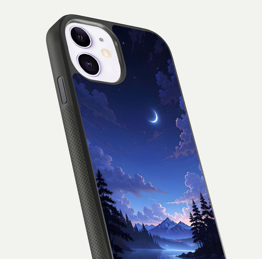 Midnight Lake Peace Glass Case for iPhone 11 close-up angled shot showing blue night tones and reflection
