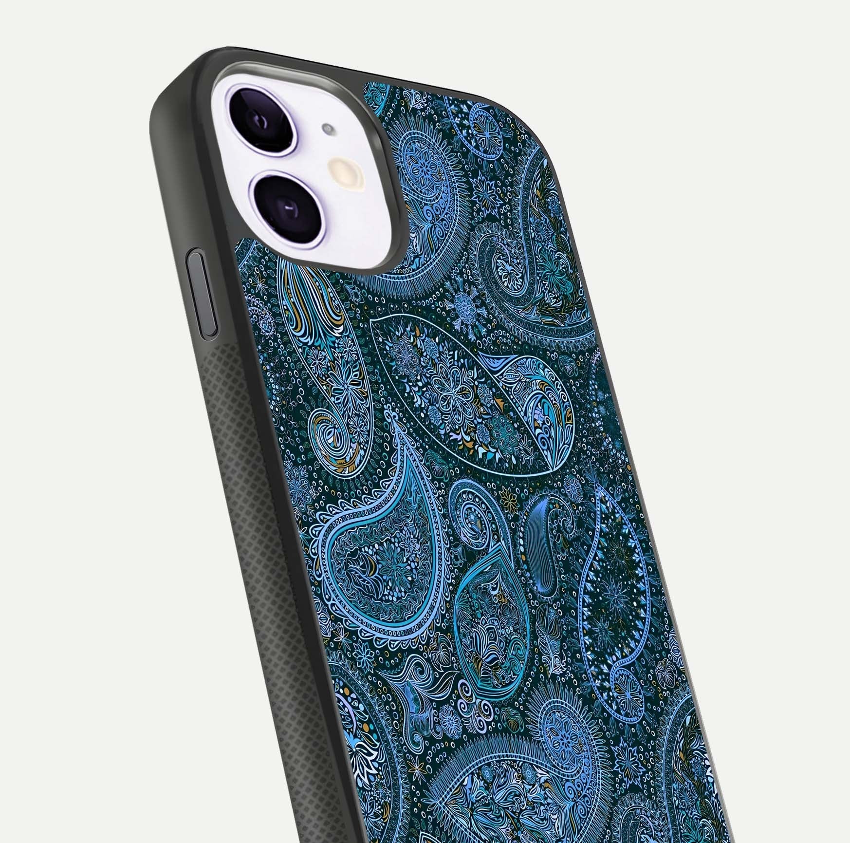 Midnight Paisley Glow Glass Case for iPhone 11 close-up angled shot showing floral details and gloss texture