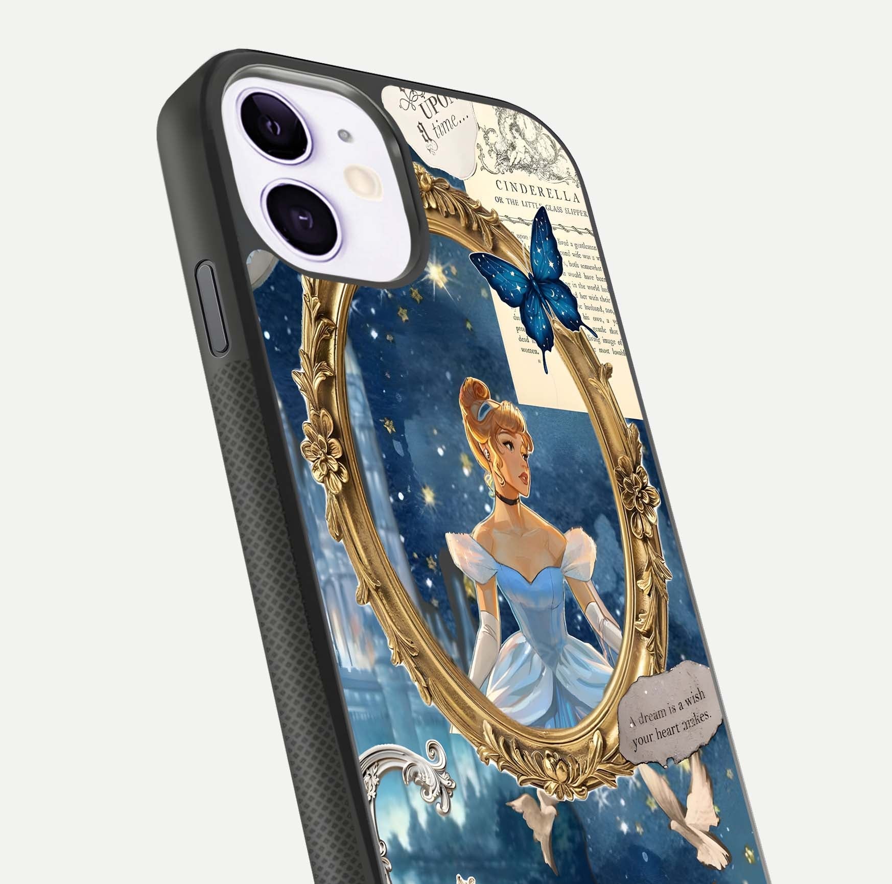 Midnight Queen Glass Case for iPhone 11 close-up angled shot featuring crown motif and gloss reflection