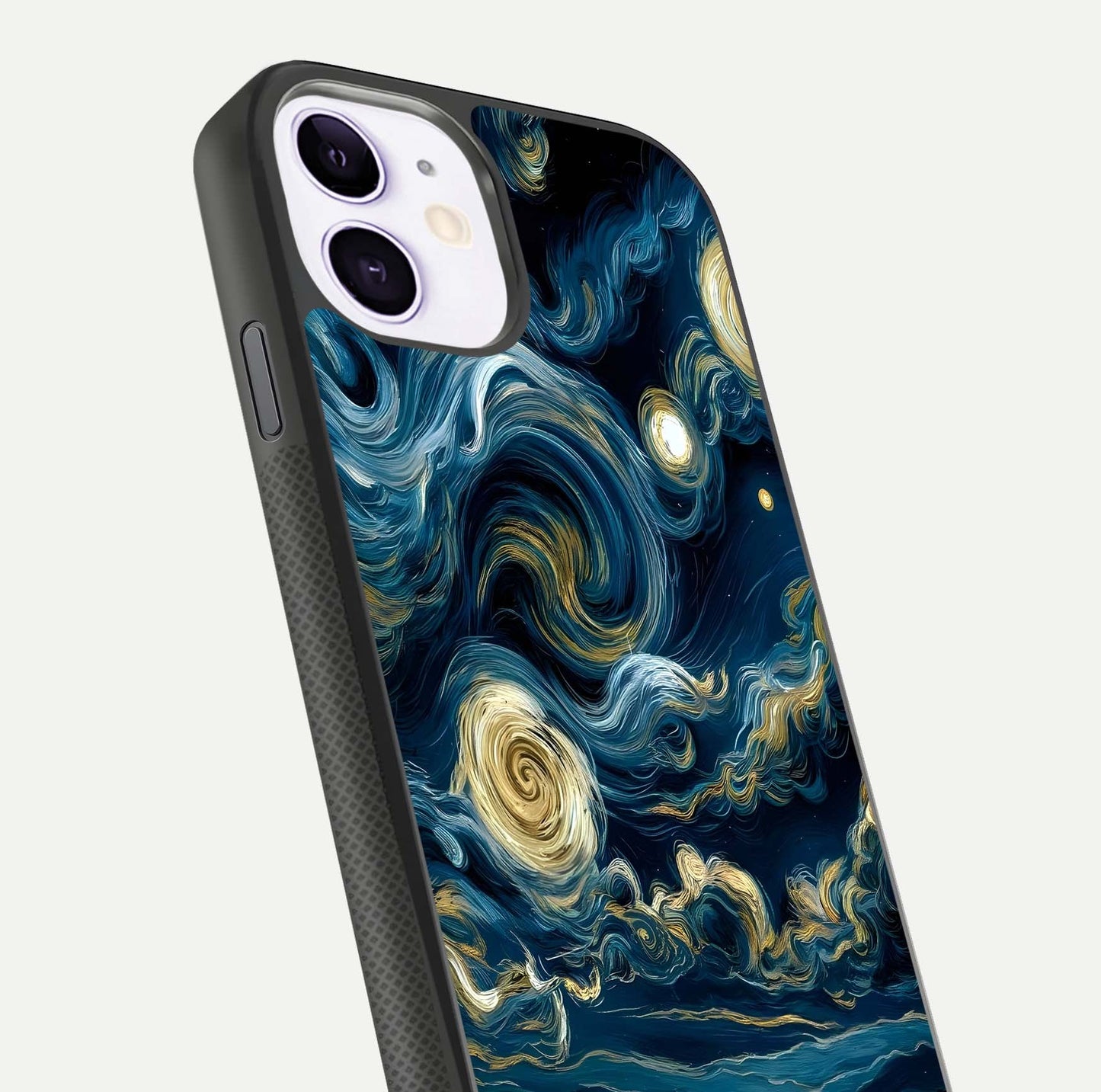 Midnight Sky Whirl Glass Case for iPhone 11 close-up angle showing spiral design and HD gloss reflection