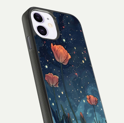 Midnight Tulip Glow Glass Case for iPhone 11 close-up angled shot showing petal details and reflection glow