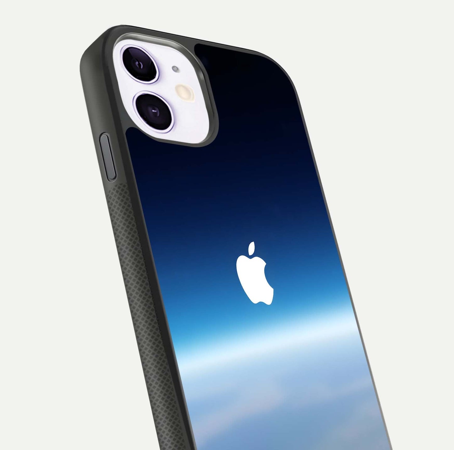 Minimal Apple Sky Glass Case for iPhone 11 close-up angled shot showing pastel blue hues and reflection