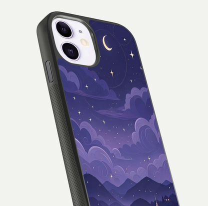 Minimal Night View Glass Case for iPhone 11 close-up angled shot showing lights reflection and dark tone details