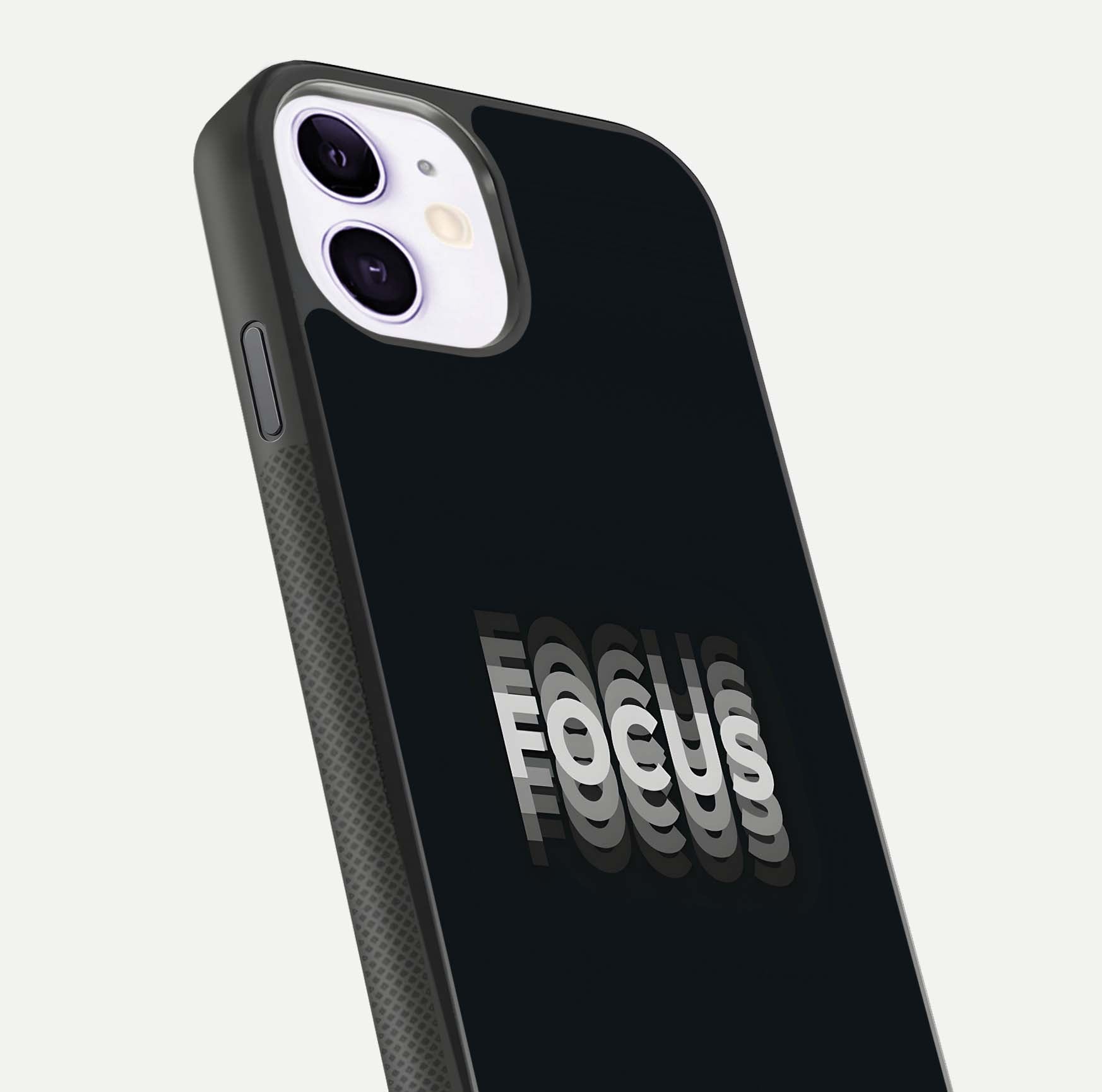 Mono Focus Vision Glass Case for iPhone 11 close-up angled shot highlighting minimal contrast and reflection