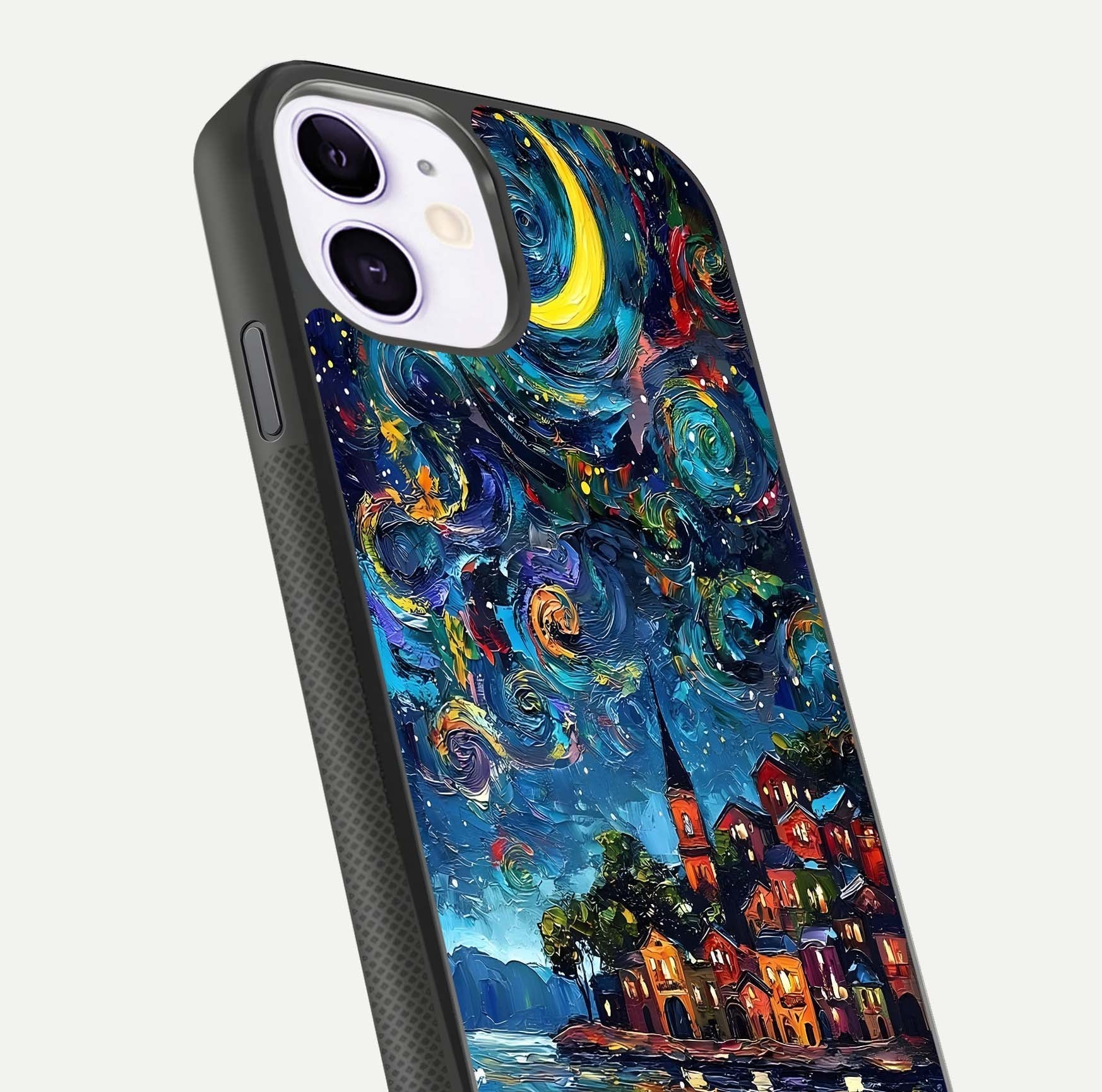 Moonlight Harbor Glow Glass Case for iPhone 11 close-up angled shot showing reflection and moonlight glow