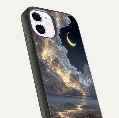 Moonlight Spark Path Glass Case for iPhone 11 close-up angled shot showing glowing stars and reflection