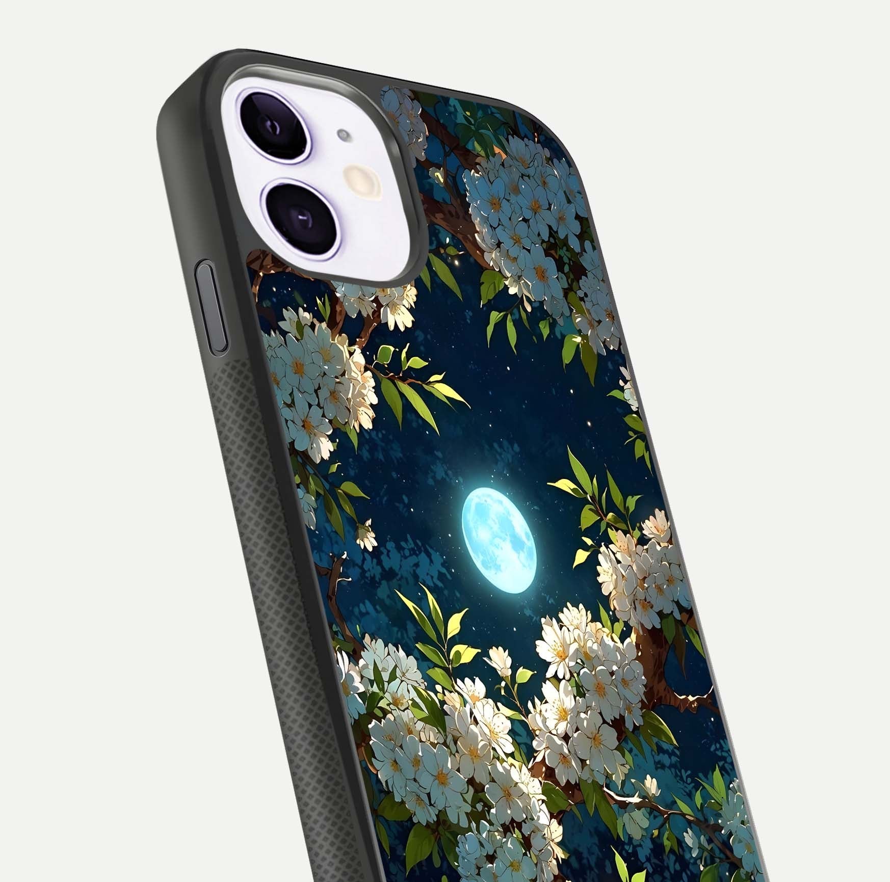 Moonlit Blossom Dream Glass Case for iPhone 11 close-up angled shot showing glowing petals and reflection