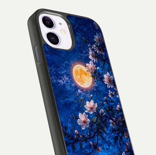 Moonlit Blossoms Night Glass Case for iPhone 11 close-up angled shot showing petal glow and reflection detail